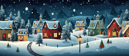 Christmas city panorama winter town. European Old town at Xmas Eve with cozy buildings. Cityscape with New Year lifestyleの素材