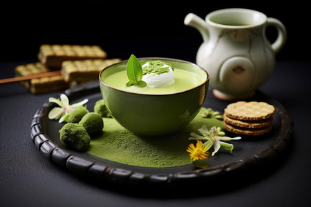 Matcha latte with complementary desserts. Harmonious combination of flavors and textures. matcha latte backgroundの素材