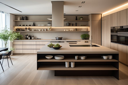 Kitchen with smooth surfaces and minimal open shelving, promoting a sleek and clutter-free environment. Modern and simple forms for kitchen utensils, contributing to the overall contemporary designの素材