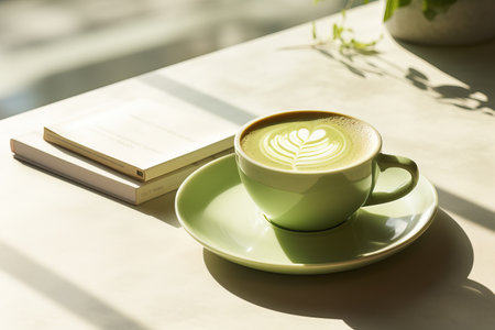 Matcha latte as part of a morning routine. Warm hues and soft shadows, cozy morning ambianceの素材