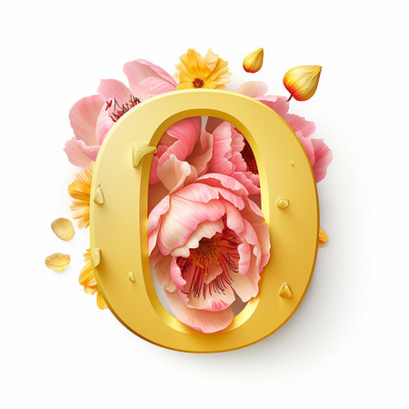 Creative letter O concept made of fresh yellow and pink peony. Flower font conceptの素材