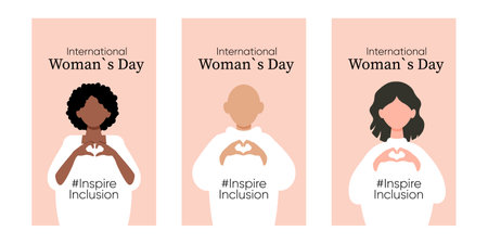 International Women's Day concept holiday. Diverse women. Three cards. Campaign 2024 inspireinclusion. 8 march.のイラスト素材