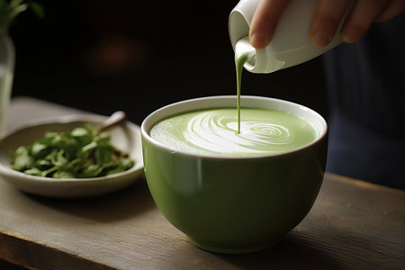 Process of preparing a delicious matcha latte. The pouring of the latte into a cup, warm and cozy atmosphereの素材