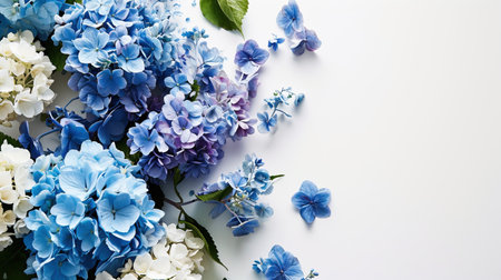 Blooming hydrangeas on white background, copy space. Floral backgroundの素材