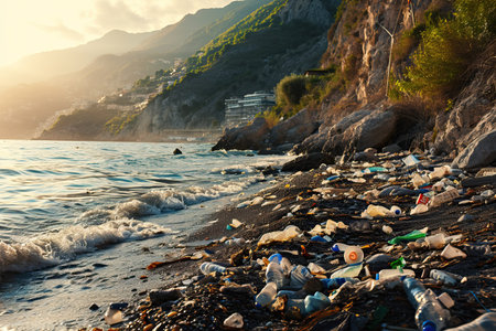 Plastic waste on the beach, looming threat it poses to the environment,. Plastic garbage environmental pollution problemの素材