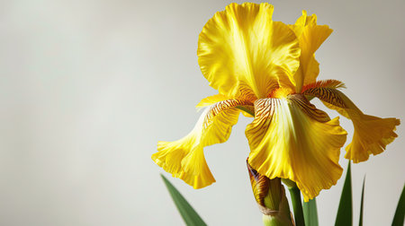 Single yellow elegant iris on white background. Minimalistic design. Panoramic banner background with copy spaceの素材