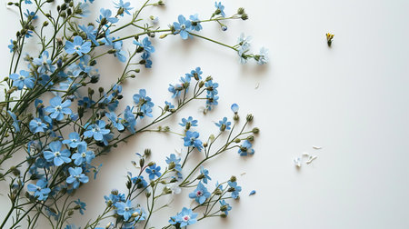 Forget-me-nots on white background. Minimalistic design. Panoramic banner background with copy spaceの素材