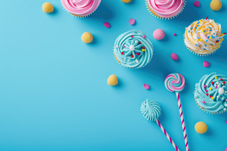 Blue table top on blue background with decorated lollipops and cupcakes, children birthday party. Candy barの素材