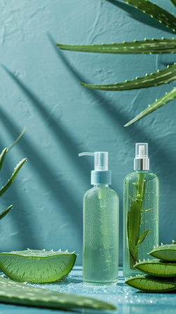 Aloe vera skincare arrangement, bottles and jars set against a serene blue vertical background with aloe leaves, space for textの素材