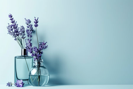 Minimalist beauty product arrangement, fine fragrance bottles with lavender accents, on a uniform light blue background, copy spaceの素材