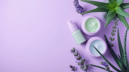 Women care cosmetic in beautiful bottles over green background. Lavender backgroundの素材