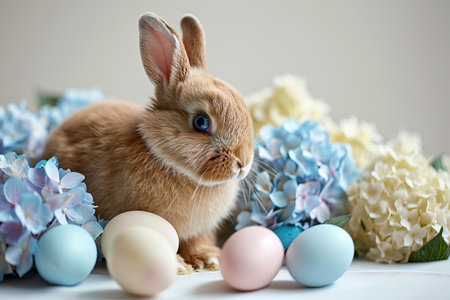 Bunny with blue eyes surrounded by pastel colored eggs and blooming hydrangeas on white backgroundの素材