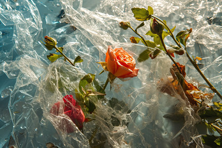 Flowers and plants within a mesh of plastic waste, illustrating the confinement and degradation caused by plastic pollution. Plastic garbage environmental pollution problem.の素材