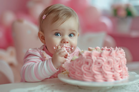 Baby girl birthday. Pink cake, balloons, one year. Cute girl on pink background. Birthday partyの素材