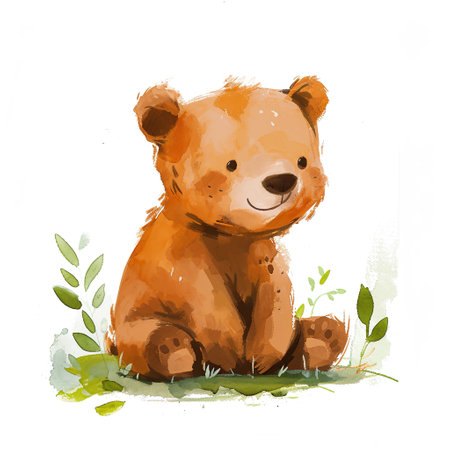 Little bear cub in style watercolor, cute, white background, using a palette of warm browns and soft greensの素材