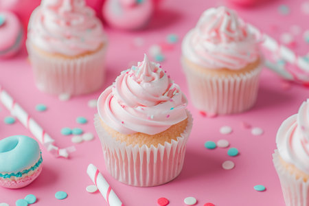 Pink table top on pink background with decorated lollipops and cupcakes, children birthday party. Candy barの素材