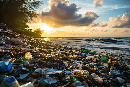 Plastic waste on the beach, looming threat it poses to the environment. Plastic garbage environmental pollution problemの素材