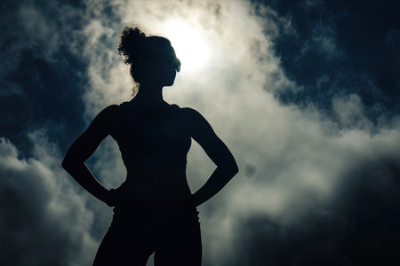 Craft a powerful image of a womans silhouette casting a strong shadow. Strong womenの素材