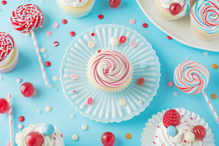Cupcakes on a blue background. Birthday backgroundの素材
