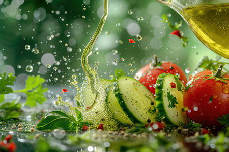 Salad with fresh vegetables, herbs and olive oil. food backgroundの素材