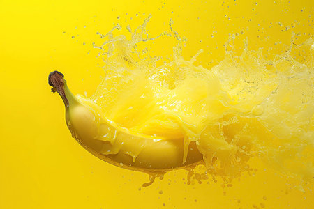 Fresh banana falling in juice. Powerful liquid explosion,Yellow Backgroundの素材