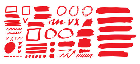 Hand-drawn shapes and lines - real highlighters. Red Vector set isolated on white background. Use for notes, illustrations and decorations texts, articlesのイラスト素材
