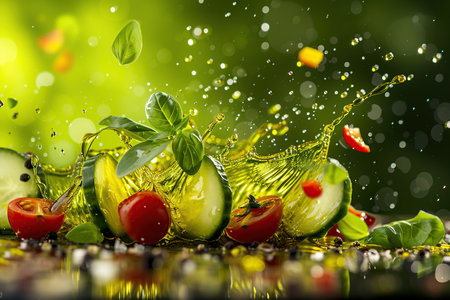 Powerful olive oil explosion, slised cucumber, herbs and tomatoes, green Background, commercial photographyの素材