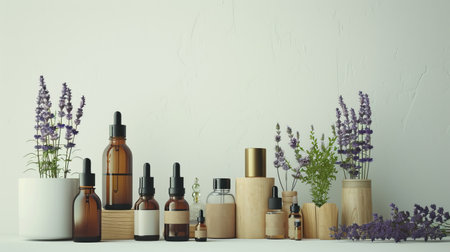 Beauty product display, slender bottles and oils, arranged with fresh lavender, on a monochrome ivory surface, space for textの素材
