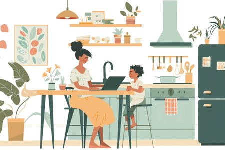 Mother working with laptop from kitchen. Freelance concept. Balance between work and motherhood, flat illustrationの素材