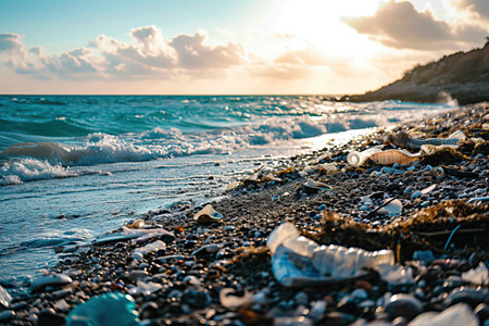 Plastic waste on the beach, looming threat it poses to the environment. Plastic garbage environmental pollution problemの素材