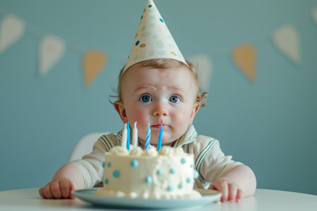 Little baby celebrating first birthday. Holiday backgroundの素材