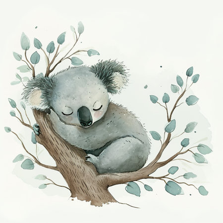 Koala portrayed in style watercolor, adorable and sleepy, white backgroundの素材