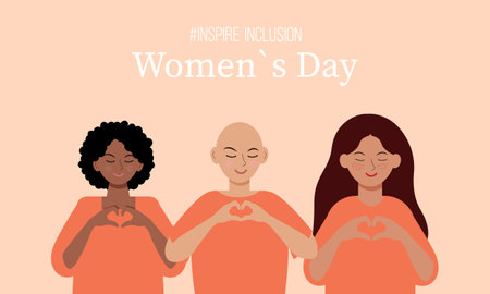 International Women's Day concept pink banner. Diverse women with heart-shaped hands stand together. Campaign 2024 inspireinclusion. 8 march.のイラスト素材