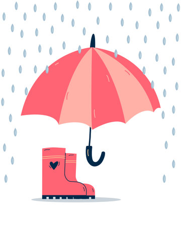 Umbrella and rain boots in the rain. April showers. EPS 10 vector.のイラスト素材