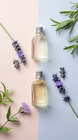Elegant flat lay of body oils and perfume bottles with lavender sprigs on a pastel background, minimalist styleの素材