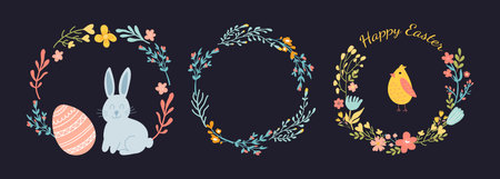 Easter wreath with easter bunny, bird, egg and flowers on dark background. Easter greeting card.のイラスト素材