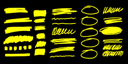 Marker highlighters underline round, punctuation marks, tick marks and sketch. Highlighters, hand drawn underline. Neon yellow. Vector on black backgroundのイラスト素材