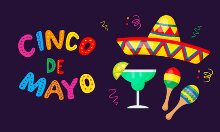 Cinco de Mayo - May 5, federal holiday in Mexico. Fiesta banner and poster design with sombrero, margarita, maracasのイラスト素材