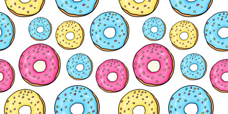 Sweet seamless pattern with donuts vector illustrations. Vector illustration for cafe and restaurant menu cover, packingのイラスト素材