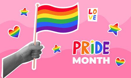 Pride Month collage concept. Vector illustration with halftone hand holding flag. Collage with cut out paper elements for decoration of LGBT events. Vector illustrationのイラスト素材