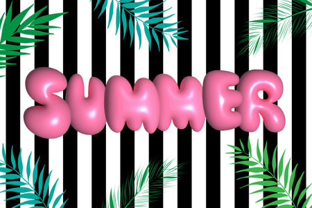 Glossy 3D pink bubble SUMMER with palm leaves on stripe background. Balloon letters. Realistic vector illustrationのイラスト素材