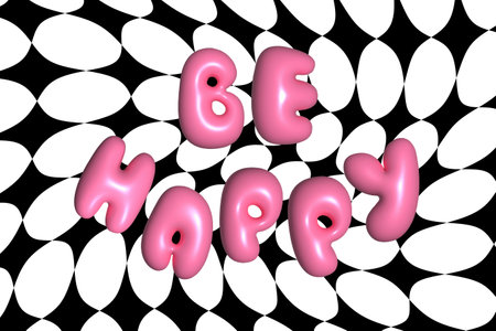 Glossy 3D pink bubble text Be happy. Playful design inspired by 2000s or 90s, inflated balloon letters.のイラスト素材