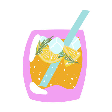 Hand drawn summer glass lemonade with lemon slice, rosemary and ice.のイラスト素材