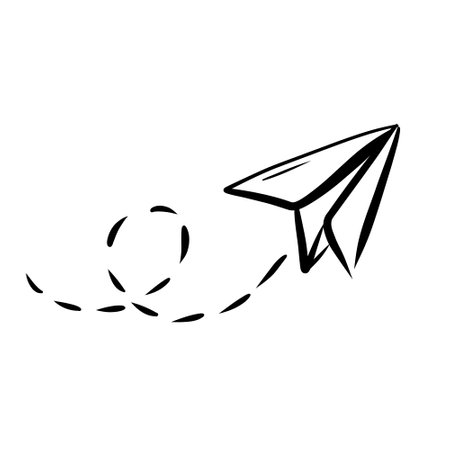 Doodle origami plane with dotted trajectory line. Hand drawn simple vector illustration.のイラスト素材