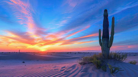 Witness the breathtaking beauty of a stunning desert sunset, featuring a cactus and a vibrant sky