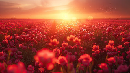 A Beautiful and Vibrant Sunset Over a Colorful Flower Field Full of Blossoms and Petalsの写真素材