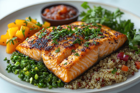 Grilled salmon fillet served with colorful vegetables and quinoa on a ceramic plateの素材