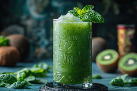 Refreshing green smoothie drink served in an ornate glass garnished with fresh mint leavesの素材
