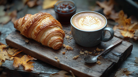 Enjoying a warm croissant and coffee on a rustic wooden table surrounded by autumn leavesの素材