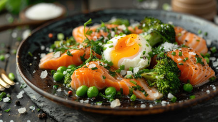 Fresh salmon fillet garnished with herbs, served with poached egg, broccoli, and peas in an elegant settingの素材